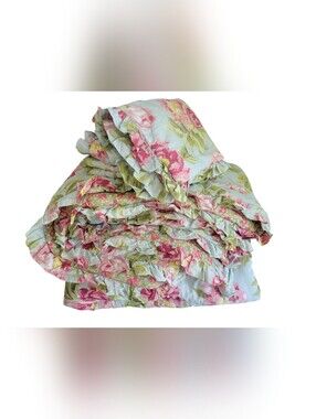 Pottery Barn Peony Floral Reversible Ruffle Comforter Pink, Green Std Shams HTF